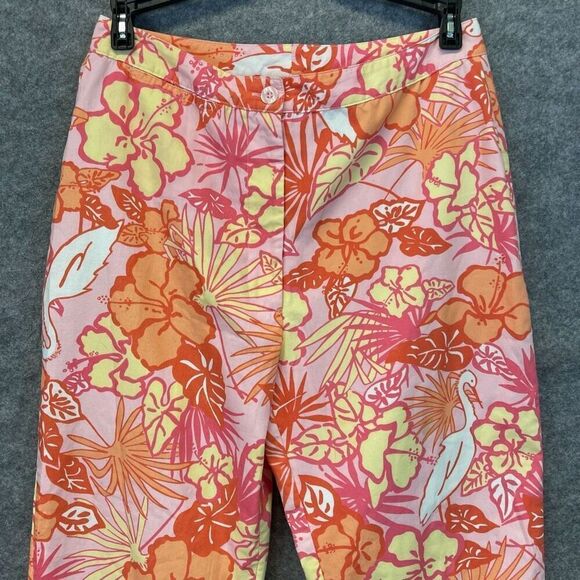 Lilly Pulitzer Floral Print Pants Size 4 Tropical Hibiscus Flamingo Capri Cotton - Picture 2 of 14